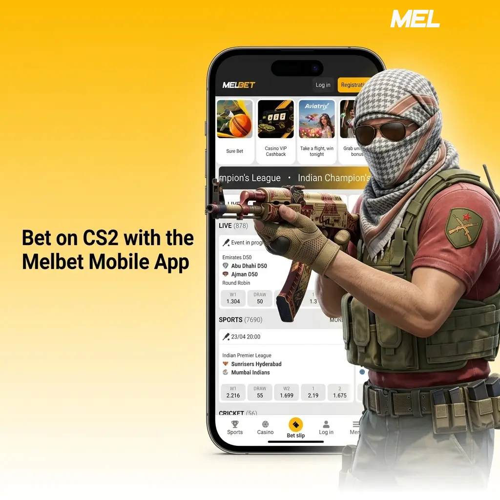 Melbet mobile app interface showing CS2 betting options with live odds and esports markets