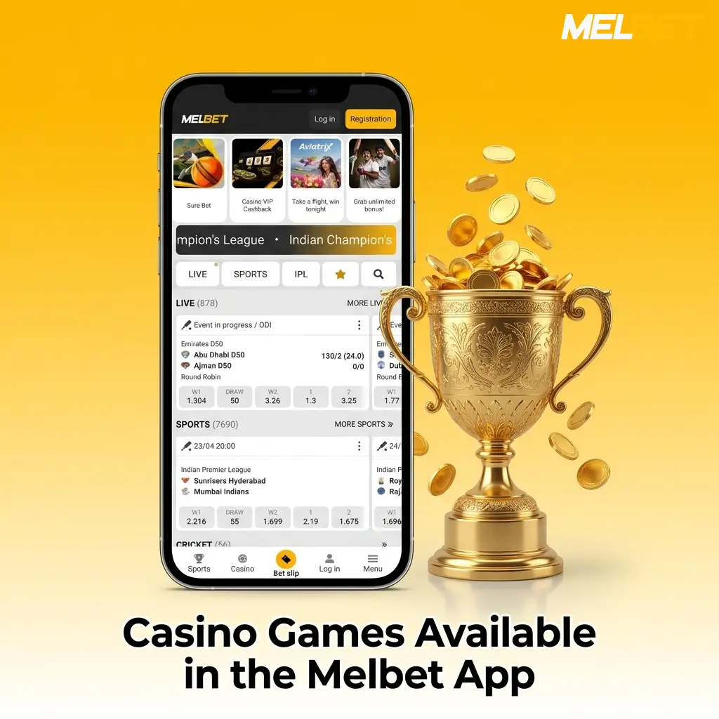 Melbet app casino games including slots, live dealer tables, roulette, blackjack, and poker on mobile screen