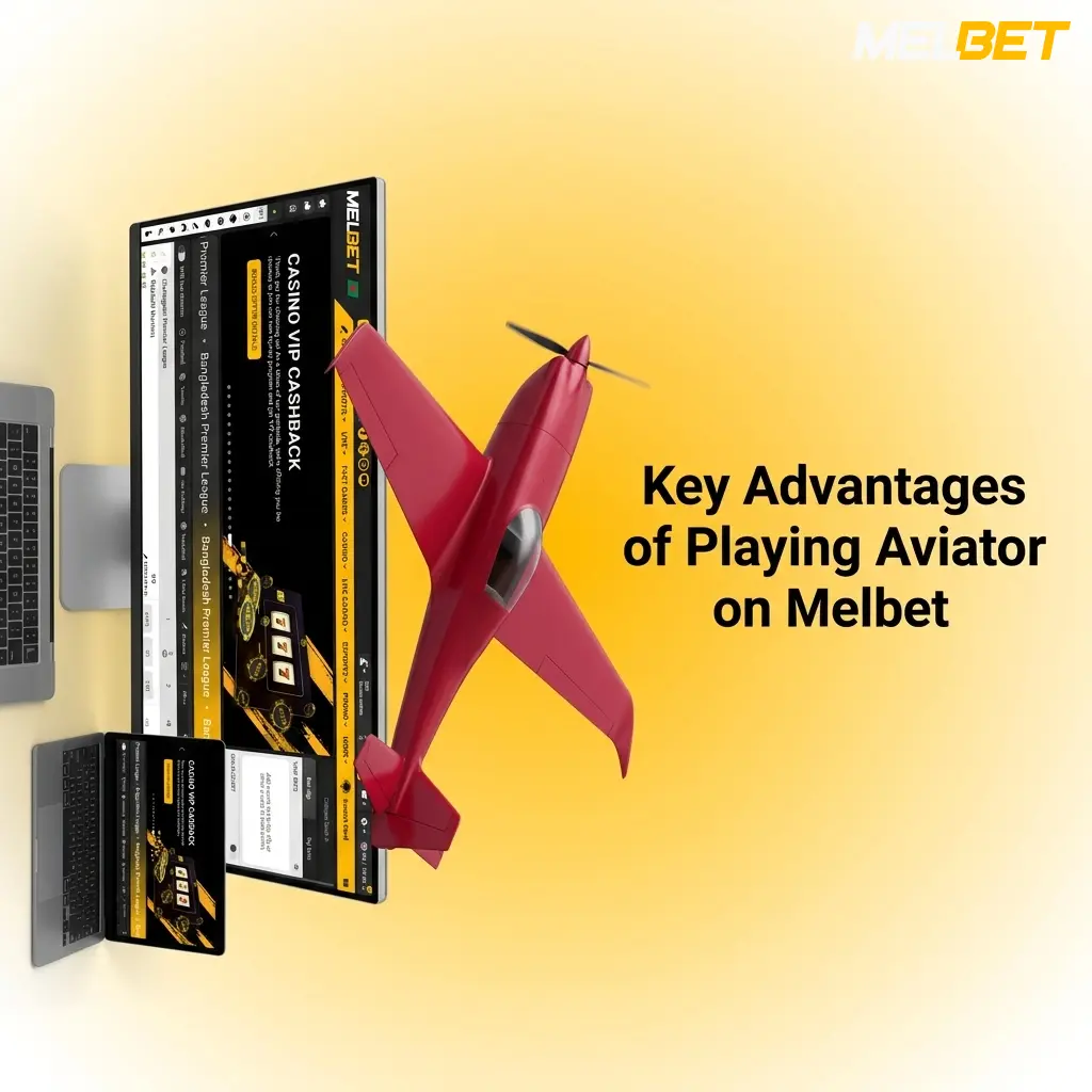 Key advantages of playing Aviator on Melbet — laptop with Aviator game and red sport aircraft