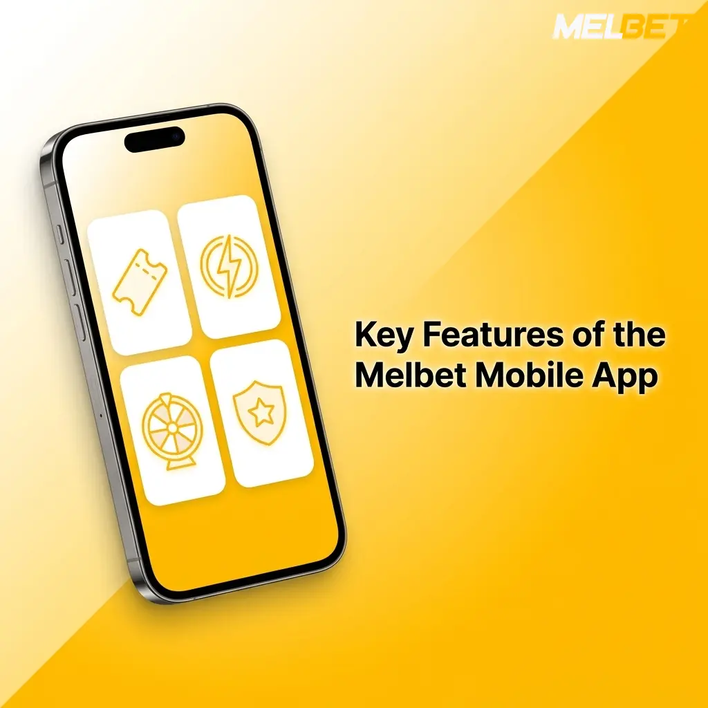 Melbet mobile app interface showing key features including sports betting, live casino, bonuses, and account management tools