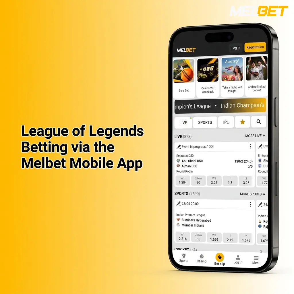 Melbet mobile app interface showing League of Legends betting options with odds and live match statistics
