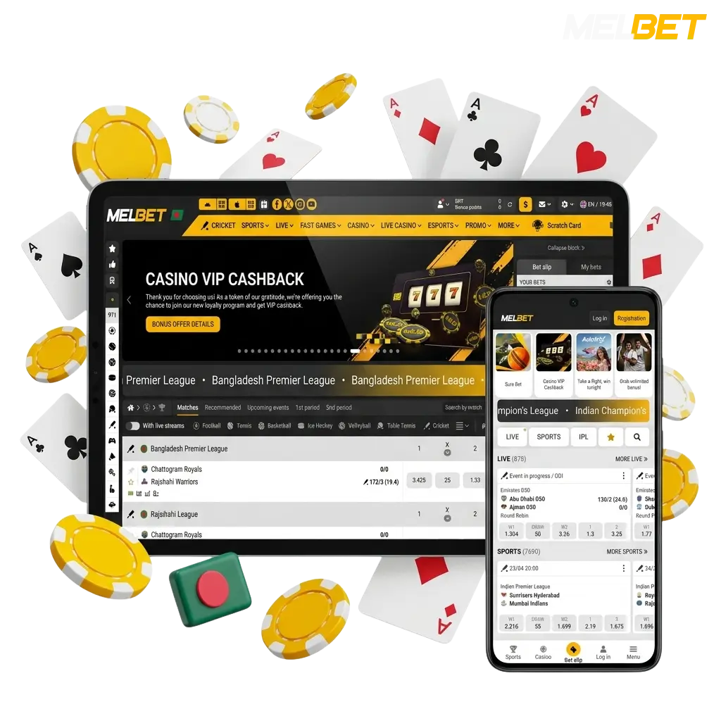 Melbet Bangladesh official website on tablet and smartphone with casino elements