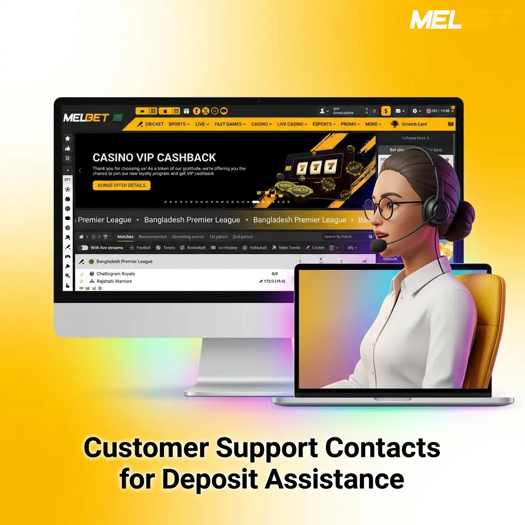 Customer support contact options for deposit assistance including phone, email, and live chat channels