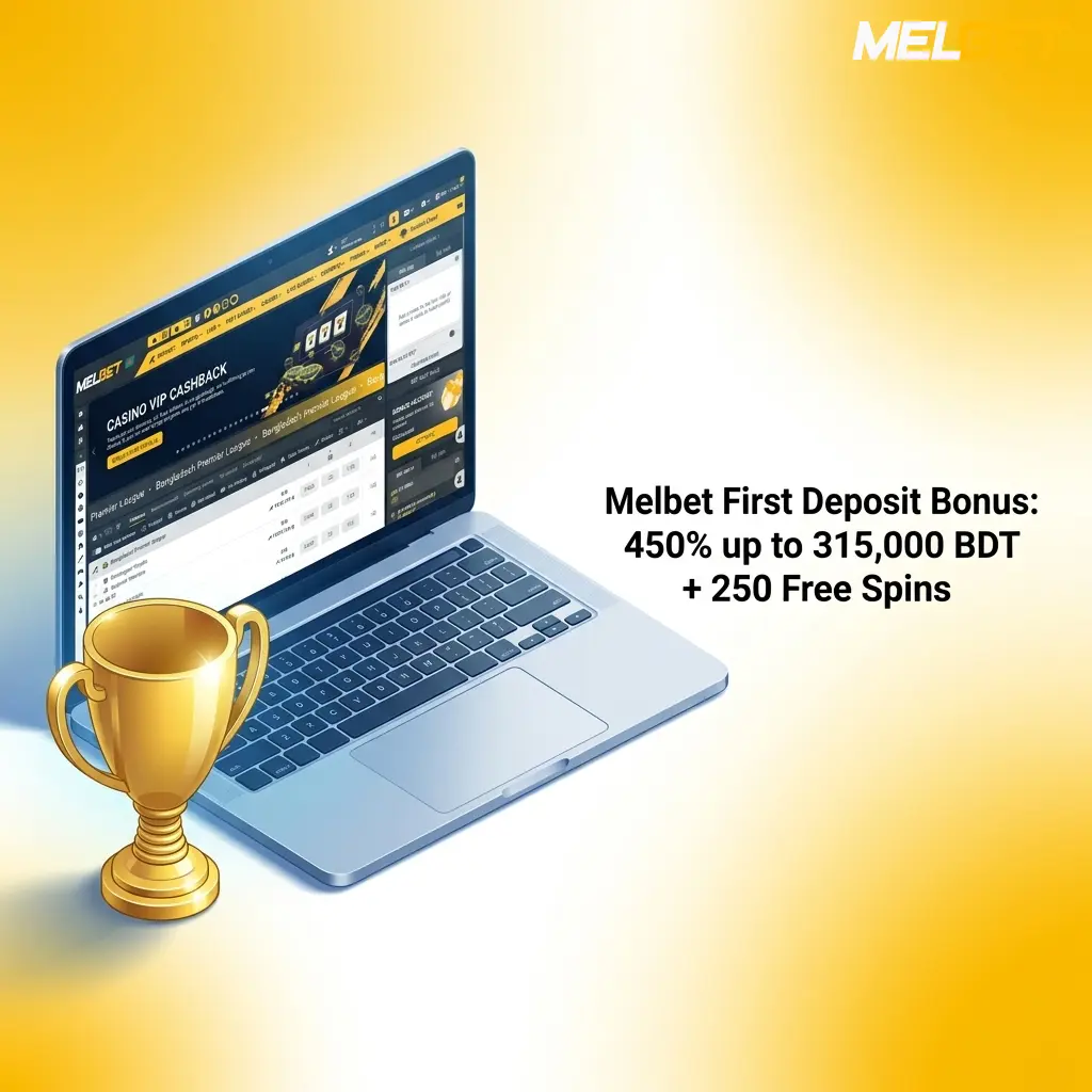 Melbet first deposit bonus offer showing 450% match up to 315,000 BDT plus 250 free spins promotional banner