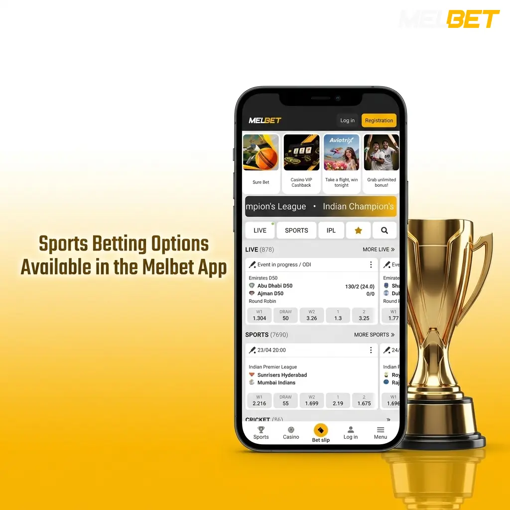 Melbet app interface showing diverse sports betting options including football, basketball, tennis, and more