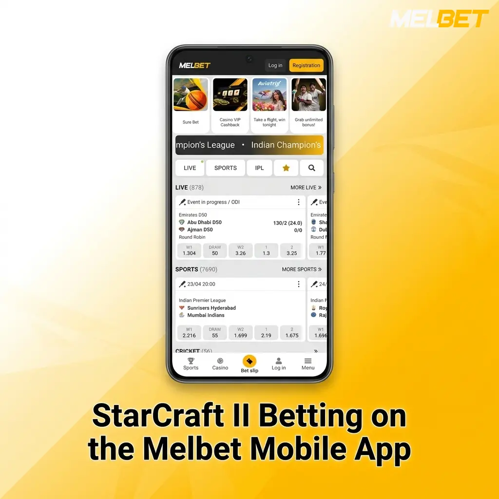 StarCraft II betting interface on the Melbet mobile app showing match odds and live esports wagering options