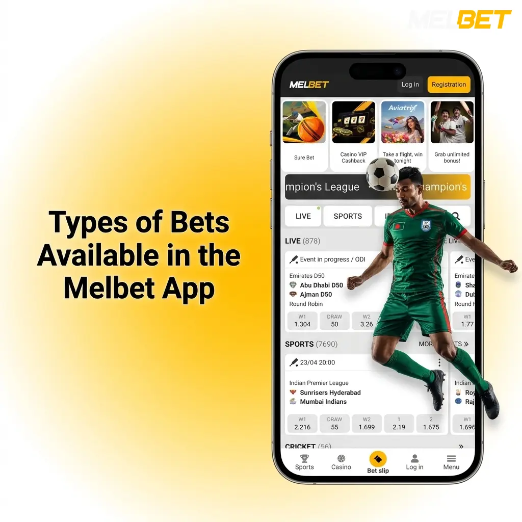 Melbet app betting options including sports, live, casino, and virtual games displayed on mobile screen