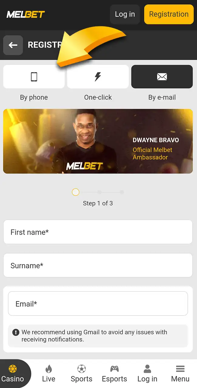 Choose a method on the official Melbet website.