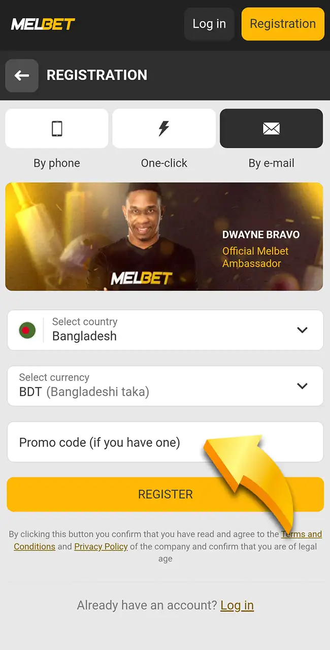 Type code on the Melbet website.