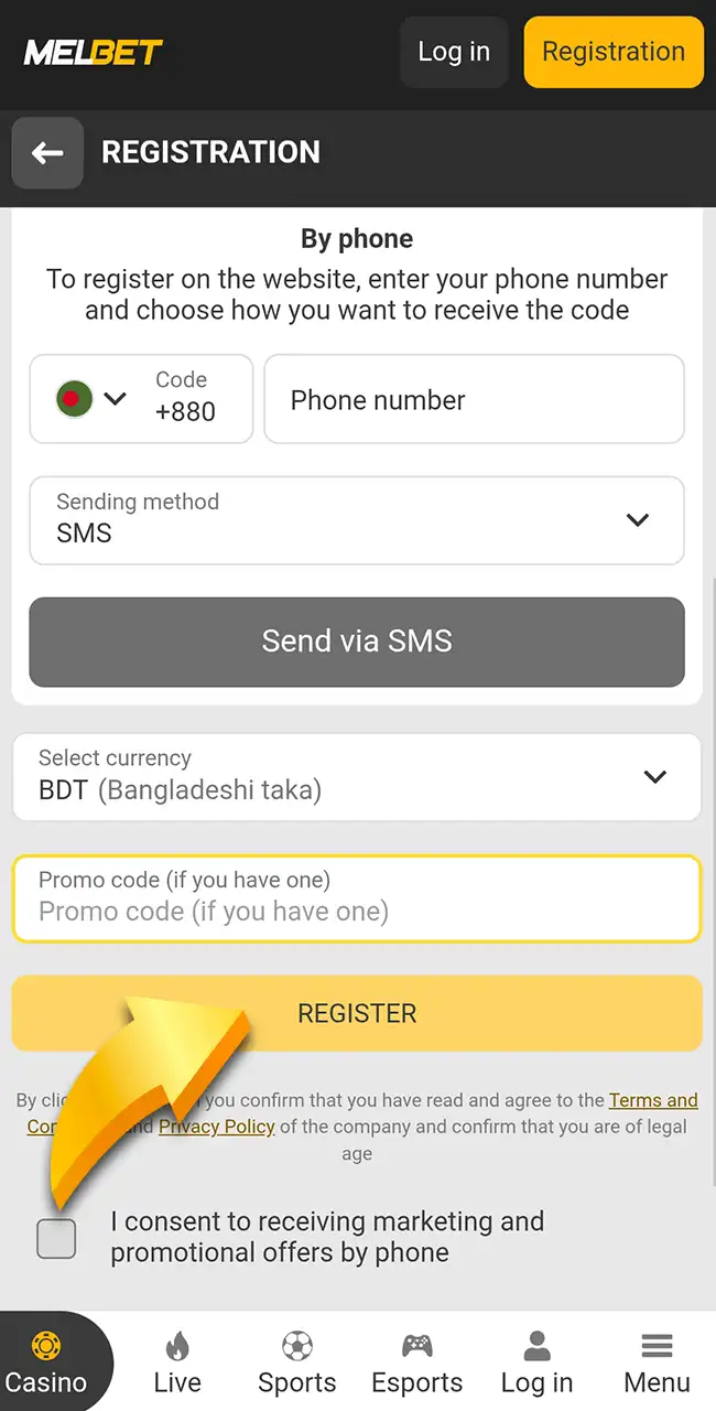Confirm and finish registration on the Melbet website.